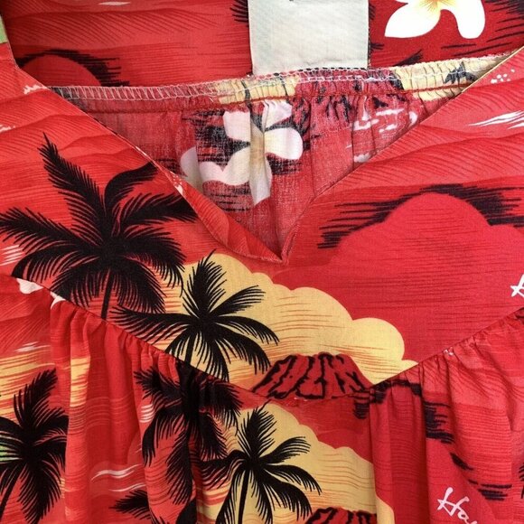 Vintage Hawaiian Togs Red Mumu Dress Large Palm Trees Hibiscus - Picture 8 of 15